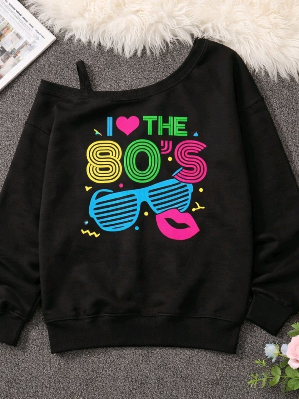 I Love The 80's Off-Shoulder Graphic Sweatshirt - Black